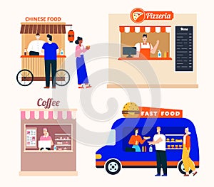 Takeaway food service, set of Chinese food, pizzeria, coffee shop, fast food van