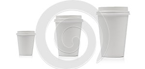 Takeaway paper coffee cup different size isolated on white background