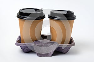 takeaway paper cups with black plastic lids in cardboard coffee holder isolated on white background