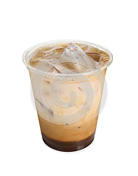 Takeaway plastic cup with cold coffee drink isolated on white