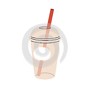 Takeaway plastic cup with straw in dome-shaped lid, cap. Empty take-away glass, transparent mug for cold drinks. Takeout