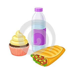 Takeaway Products for Snack Break with Sandwich Wrapped in Crumpet and Sweet Cupcake Vector Illustration photo
