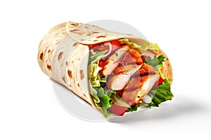 Takeaway Street Food Concept. Kebab, Pita, Gyros, Shaurma, Wrap Sandwich with Meat, fresh vegetables and sauce on a white
