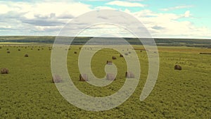 Taken from a drone, a red harvester drives through a field. Russia, Bashkortostan