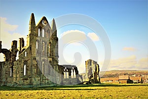 View of Whitby Abbey from the front, inside the visiter centre grounds. photo