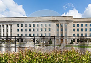 Taken from the Pentagon memorial, the new section of the building since the terrorist attack is clear
