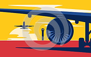 Takeoff. Flat style vector illustration of the airliners at suns