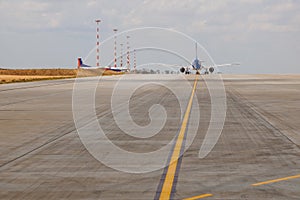 Takeoff plane in airport. Runway