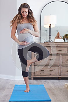 It takes a healthy body to maintain a healthy pregnancy. a pregnant young woman practicing the tree pose during a yoga