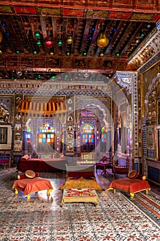 Takhat Vilas Maharaja Takhat Singh`s Chamber room in Mehrangarh fort. Jodhpur, Rajasthan, India