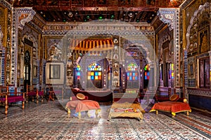 Takhat Vilas Maharaja Takhat Singh`s Chamber room in Mehrangarh fort. Jodhpur, Rajasthan, India