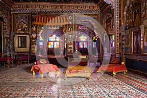 Takhat Vilas Maharaja Takhat Singh`s Chamber room in Mehrangarh fort. Jodhpur, Rajasthan, India
