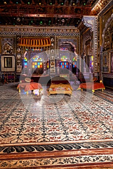 Takhat Vilas Maharaja Takhat Singh's Chamber room in Mehrangarh fort. Jodhpur, Rajasthan, India