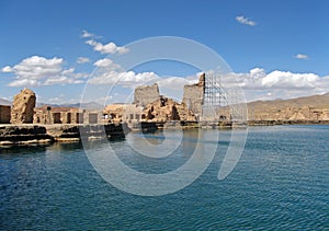 Takht-e Soleyman lake and Zoroastrian temple in Takab , Iran photo