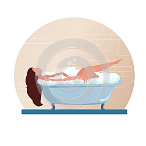 Taking bath, woman relaxing in bath tube with soap