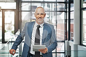 Taking business to the top with the use of technology. Portrait of a mature businessman working on a digital tablet in a