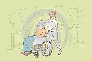 Taking care of disabled elderly people concept.