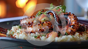 Taking a cue from traditional Mediterranean cuisine woodgrilled octopus is served with a tangy olive and tomato salsa