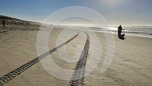 Taking a dog for a walk next to wheel marks across the beach on the Oregon Coasts