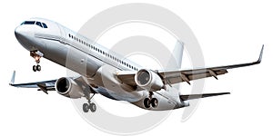 Taking off airplane isolated on a white or transparent background. Close-up of a white airplane, side view. Concept of