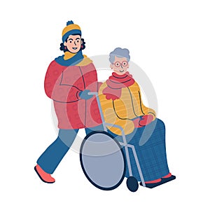 .Taking a person in a wheelchair for a stroll during the winter time. Isolated vector illustration.