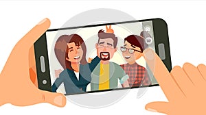 Taking Photo On Smartphone Vector. Smiling Friends Taking Selfie. People Posing. Hand Holding Smartphone. Friendship