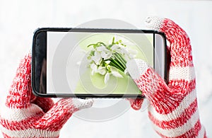 Taking a photo of Snowdrops bouquet