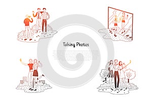 Taking photos - people making photos and selfie in gym and outdoors vector concept set