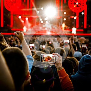 Taking photos of a rock concert on the mobile phone, open-air festival.