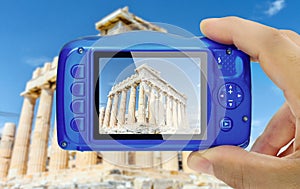 Taking picture acropolis athens greece compact camera display pov