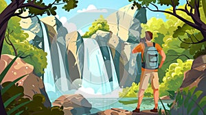 Taking a picture of the scenery landscape with waterfall cascade in summer forest. Travel, adventure. Tourist with