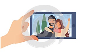 Taking a picture on a smartphone. Smiling couple. Lovers take a horizontal selfie. Camera viewfinder. Smartphone vector