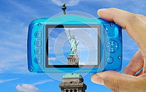 Taking picture statue liberty new york city camera pov