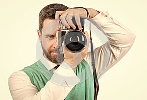 taking pictures. male photographer. businessman photographing. guy hold photo camera. amateur and professional