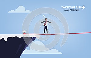 Taking risk concept for success with businessman walking on tight rope symbol illustration