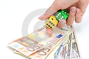 Taking a risk and winning concept with a pair of dice and money
