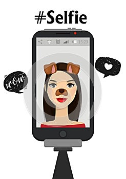 Taking selfie photo on mobile phone. Vector illustration. Hand hold monopod with smartphone and take photography. Beauty woman wit