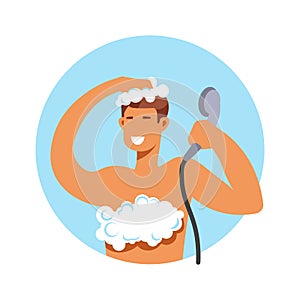Taking shower, man in foam washing hair and body