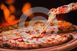 Tasty pizza out of oven in restaurant kitchen