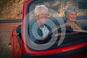 Taking their retirement years out on the road. a senior couple enjoying a road trip.