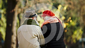 Taking video from the back of a charismatic old couple in the park discussing together while sitting on the chair in a