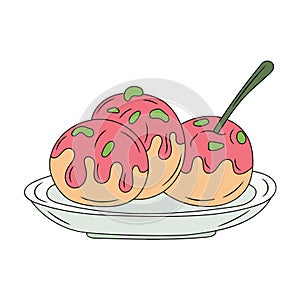 Takoyaki food on the plate, colored Line art