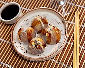 Takoyakis - octopus balls, popular Japanese snack closeup