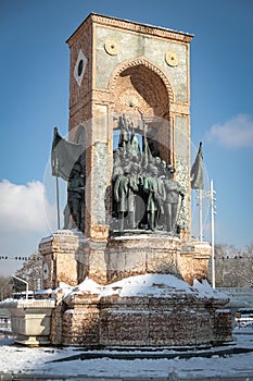 Taksim Republic Monument in Snowy day in Istanbul, Turkey photo