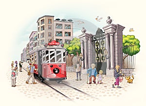 Taksim tram turkey istanbul historical places ancient city Cartoon photo