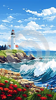 The tal lighthouse on a rocky shore with a wave coming in and a