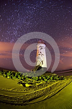 Talacre lighthouse at night with star trails