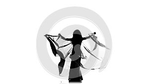 Talanted exotic belly dancer woman go on dance, uses wings, on white, slow motion, silhouette