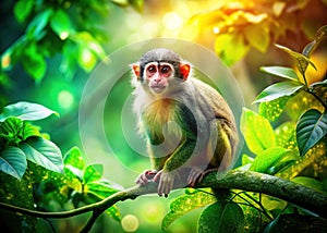 Talapoin Monkey Silhouette Against a Lush Tropical Rainforest Canopy A Double Exposure Wildlife Photography Masterpiece photo