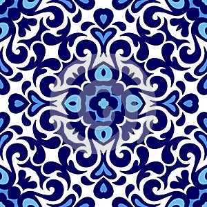 Ozdoba modrý a biely keramický dlaždice vzor bezšvový vektor porcelán dizajn štýl 